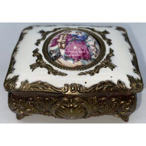 Vintage Victorian Style Enamel On Metal Couple Small Jewelry Trinket Box Japan